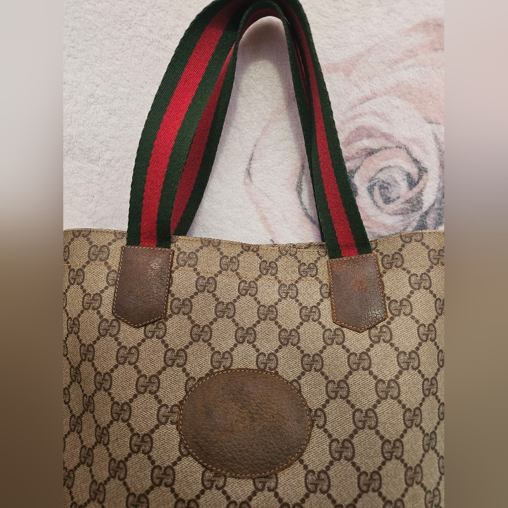Gucci Beige and Brown Tote Bag with Red and Green Straps GUC - Picture 11 of 16